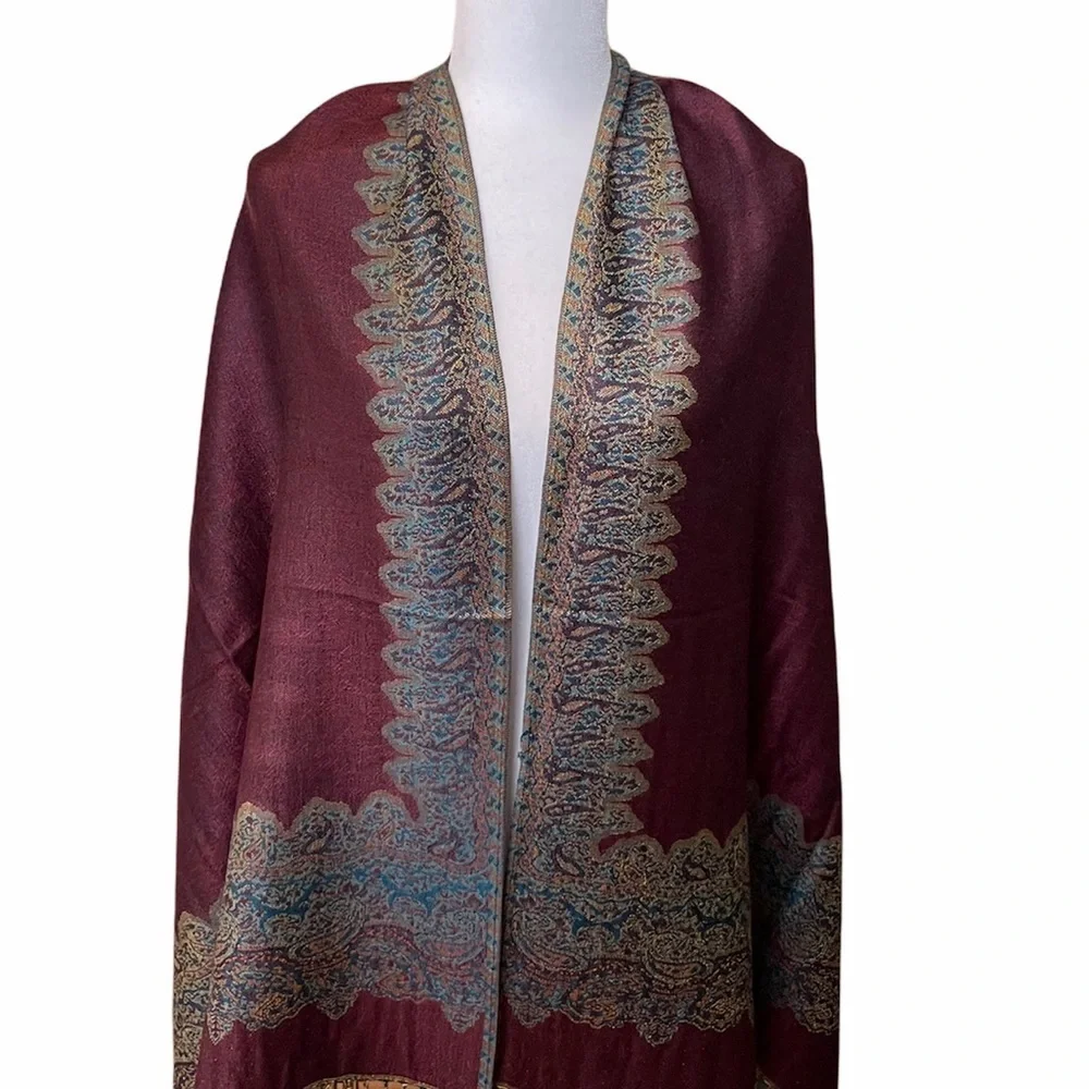 Pashmina Style Border Pattern Wine Scarf/ Shawl NEW